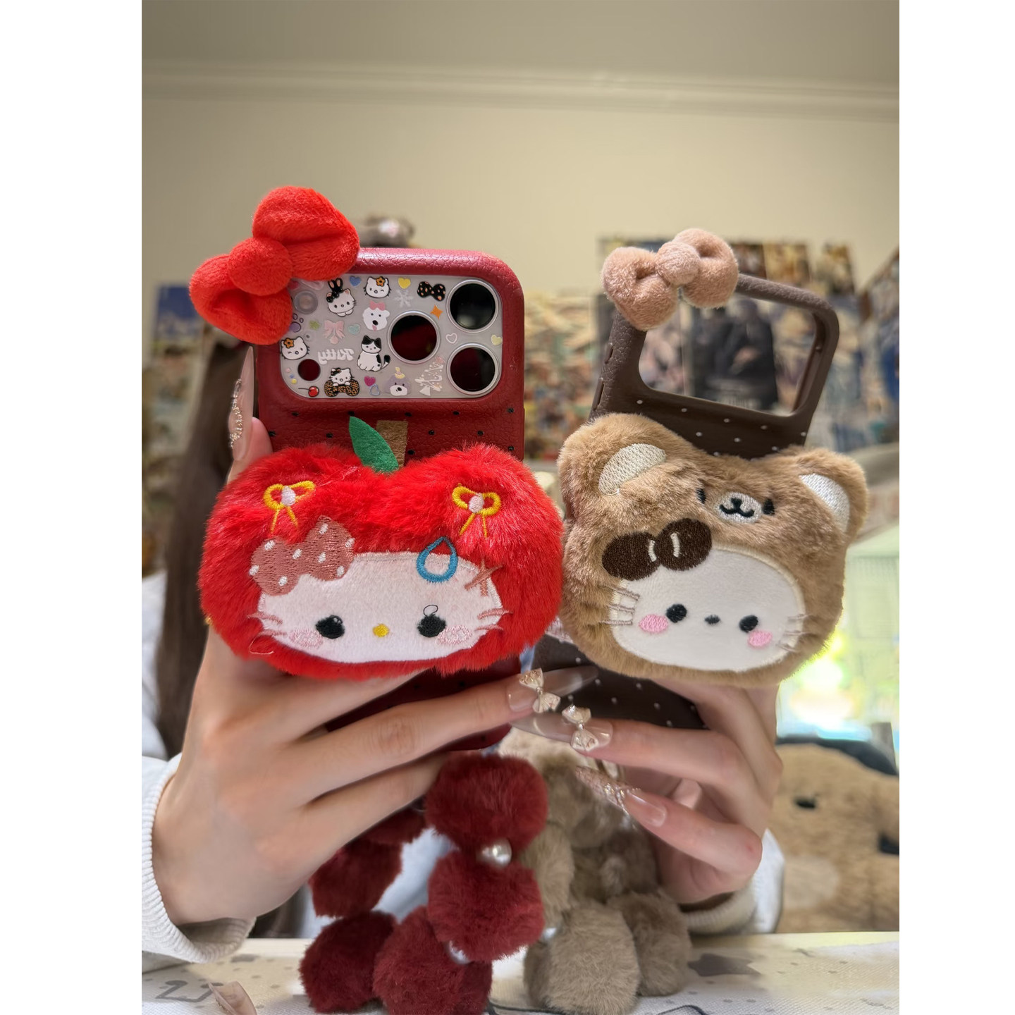 卡通小猫咪毛绒公仔适用iPhone17ProMax手机壳苹果15/16挂绳壳小米17简约vivox300卡通S30软壳红米K80保护套