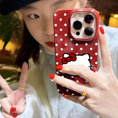 波点Kitty酱适用苹果16/17promax手机壳iphone16pro可爱卡通13/14软壳12新款11果冻酒红肤感防摔plus情侣x/xr