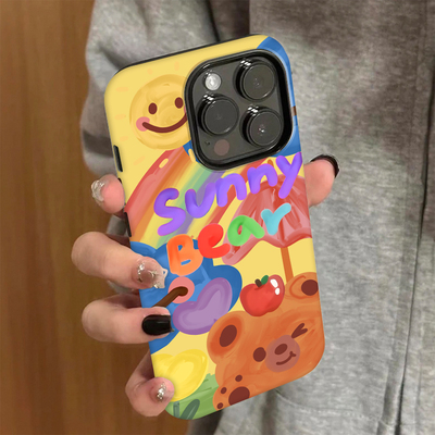 黄底苹果小熊适用iPhone16苹果16promax手机壳菲林壳二合一华为P70荣耀300防摔小米15OPPO13简约vivox200超火