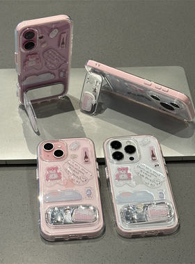 韩国ins滴胶小熊贴纸支架适用iPhone16Promax苹果14手机壳红米note14防摔小米14华为pura7080荣耀400硅胶OPPO