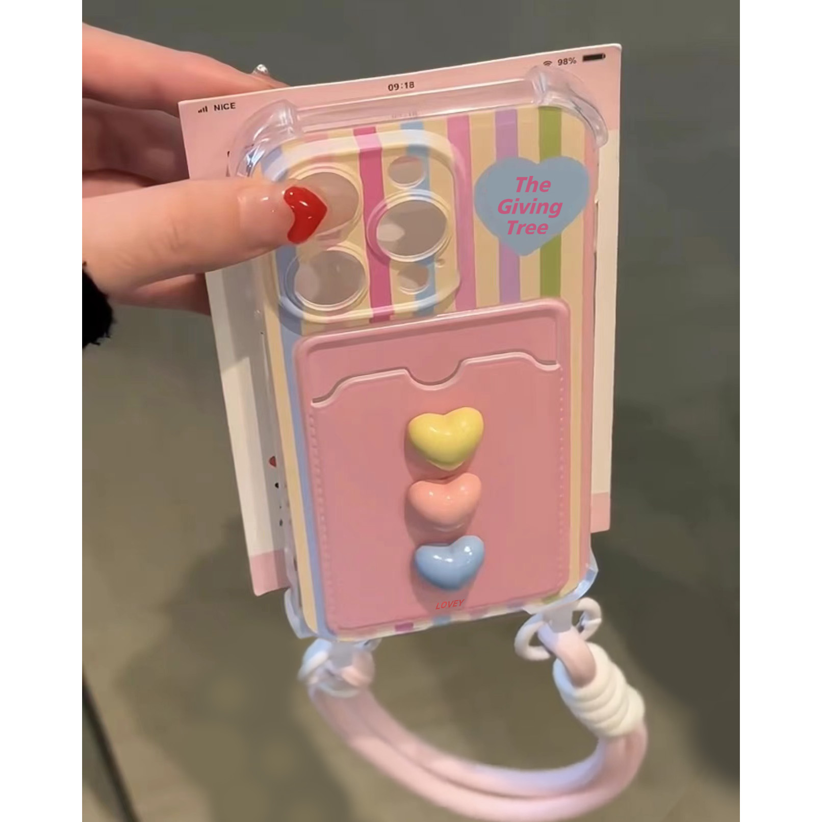 少女粉色条纹爱心挂绳适用iPhone15promax手机壳苹果16pro新款11网红15小众14女13pro卡套12防摔全包手机套软