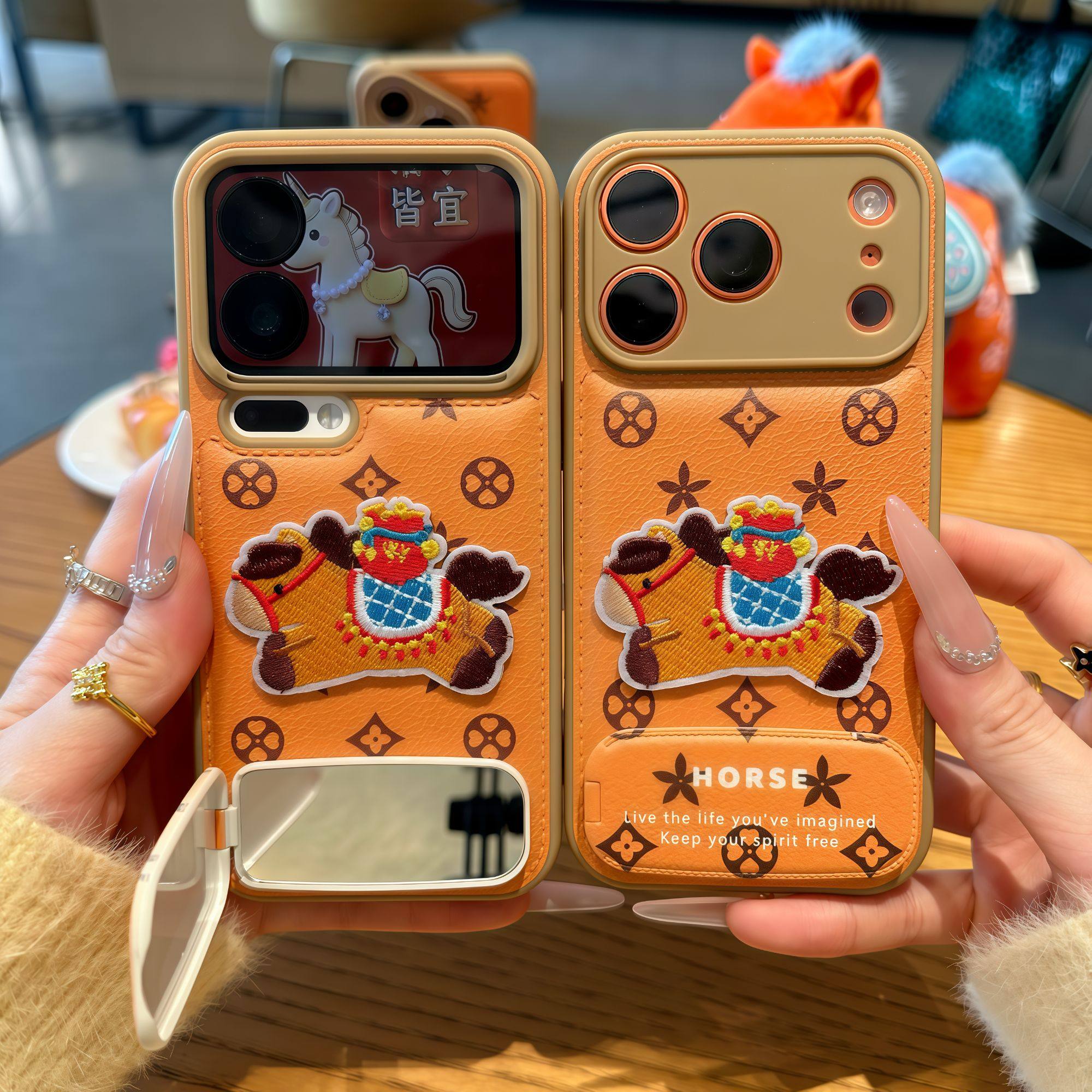 橙色老花小马适用苹果17promax手机壳16华为mate70新款镜面支架OPPOReno13糖果气垫壳vivos20刺绣小米15男女,3C数码配件,手机保护套/壳,淘宝优惠券,粉丝福利购,淘宝优惠卷