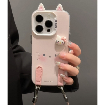 kitty表情适用苹果15promax手机壳16pro华为mate70新款镜面支架磨砂彩银OPPOReno14/vivos20x200小米15软挂绳