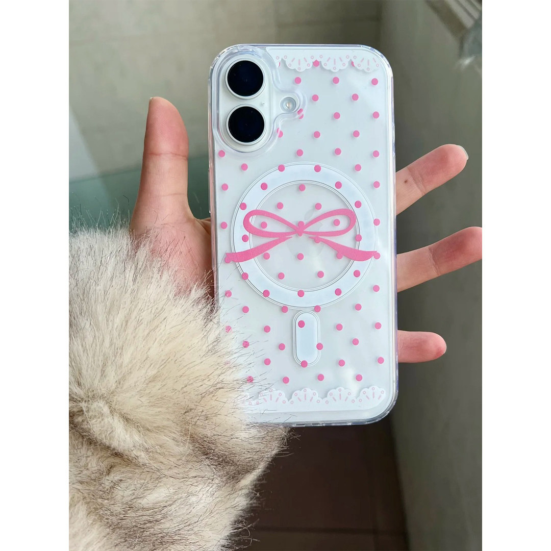 粉蝴蝶结波点适用于苹果17Promax磁吸手机壳iphone16Pro男女14透明13Pro保护套12mini硅胶软7/8plus防摔17air