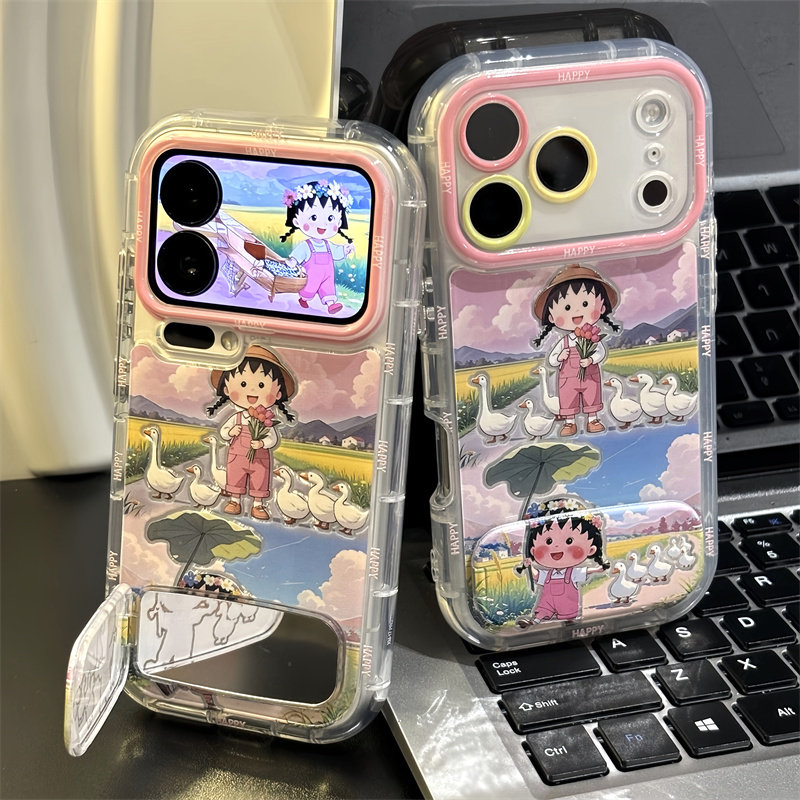 贴贴樱桃小丸子适用iPhone17promax镜面支架手机壳16防摔华为Pura80新款泡芙羽纱vivox300防摔小米17pro软壳