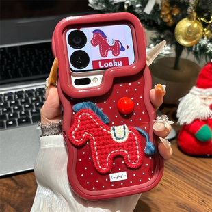 抖音同款 pura80荣耀500vivoOPPOX98 波点刺绣小马双支架适用iPhone16小米红米K90Promax苹果15手机壳华为mate