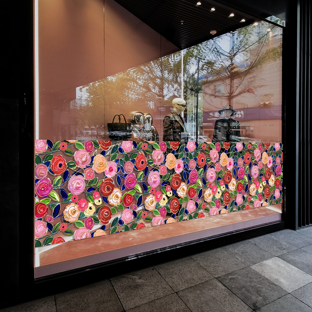 色彩油画风格花朵底纹玻璃贴商场美化装饰彩色艺术底纹展厅绘画贴