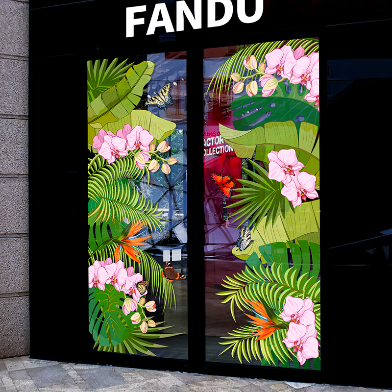 夏日热带风情植物花卉装饰贴画商场酒店玻璃门静电贴纸氛围布置图片