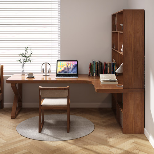 实木转角书桌书架一体桌