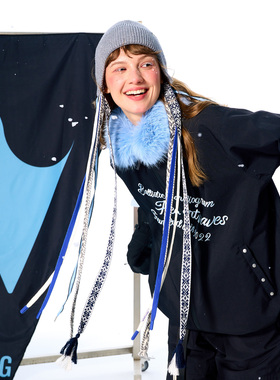 BCG飘带滑雪针织帽灰色折边潮流毛线冷帽编绳设计款织带保暖