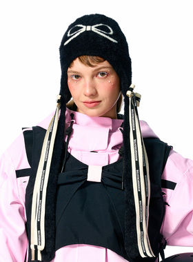 BCG×REV滑雪帽黑色蝴蝶结毛绒触感冷帽编绳飘带设计款纯色保暖