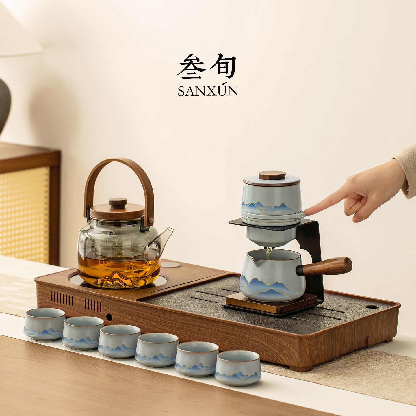 叁旬温感汝窑行云功夫茶具茶盘套装全套一整套家用客厅烧水壶一体