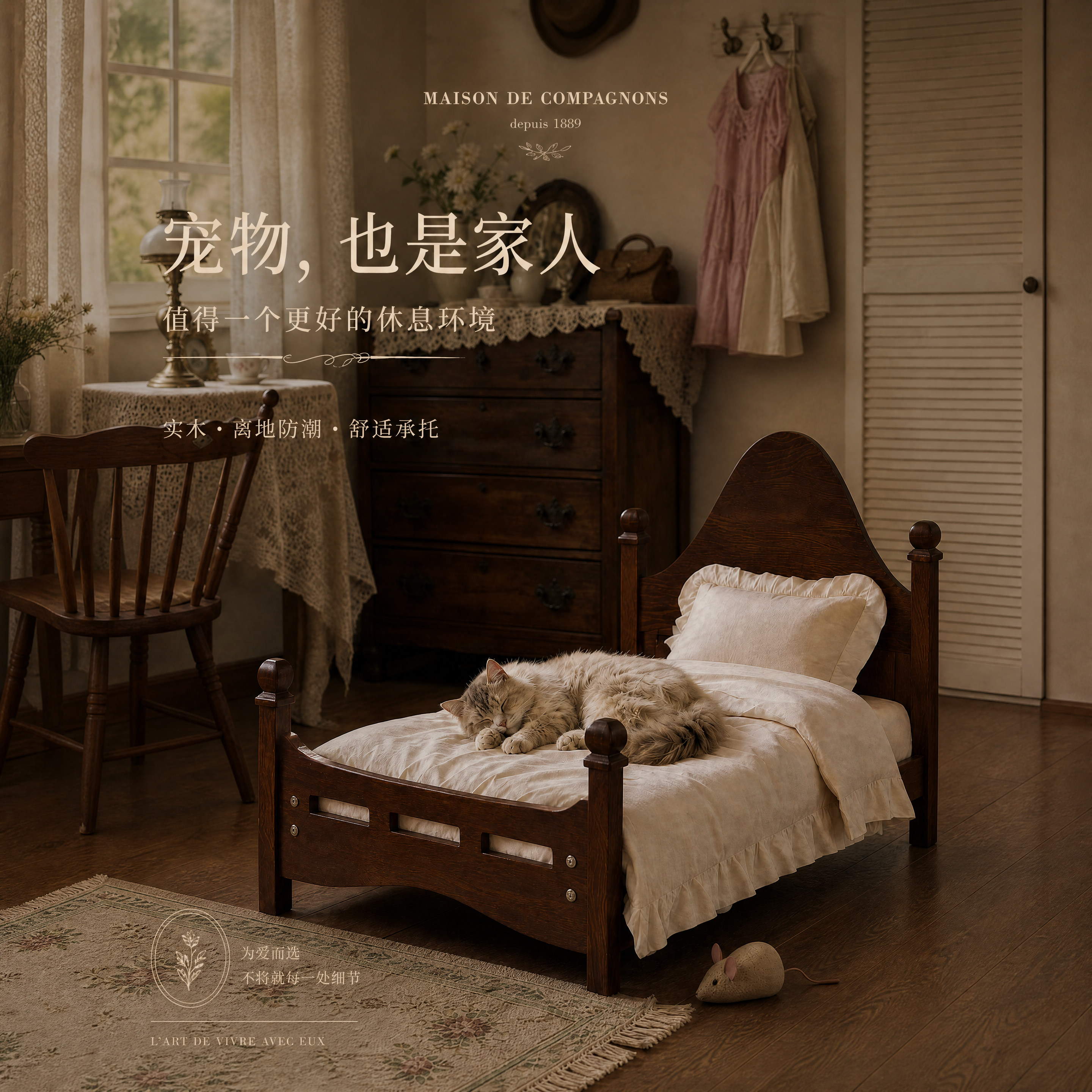 实木猫狗床法式复古宠物床公主床比熊马尔济斯猫窝狗窝四季通用