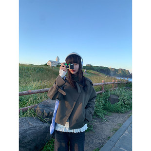 上衣小众宽松立领短款 小个子长袖 墨绿色风衣女外套 秋季 银河汽水