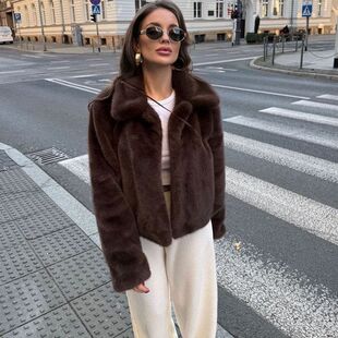 跨境欧美女装 复古人造皮草效果翻领宽松百搭休闲夹克大衣外套 新款