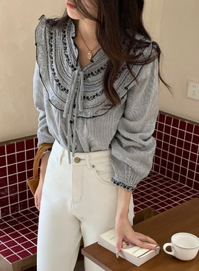 3th Morning 早秋新款 法式木耳边系带条纹设计感衬衫