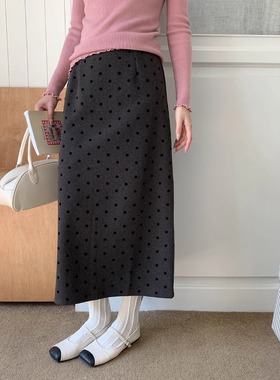 3th Morning 温蒂美术馆 复古高腰毛呢波点直筒半身裙