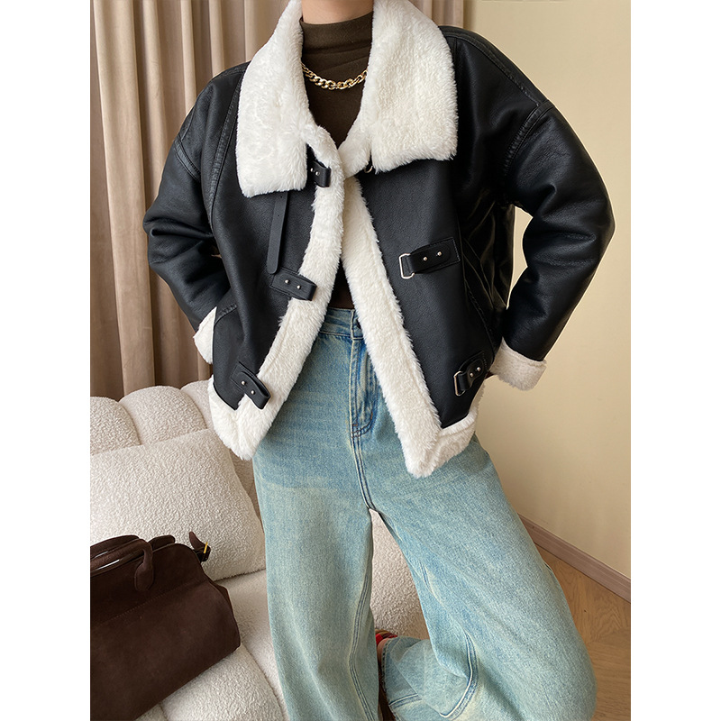 司南 随性巴恩风 PU皮仿皮毛一体立领机车夹克短外套 SN4851