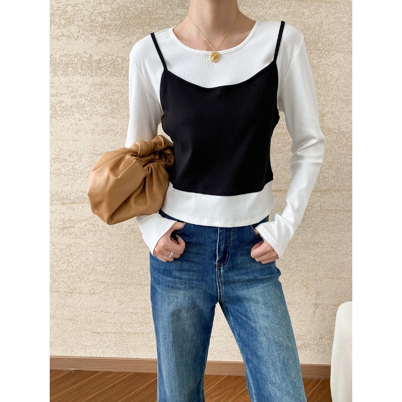 司南 实用主义派 时髦撞色拼接假两件T恤打底衫百搭显瘦