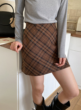 3th Morning 加州落日 氛围格纹毛呢高腰A字半身裙