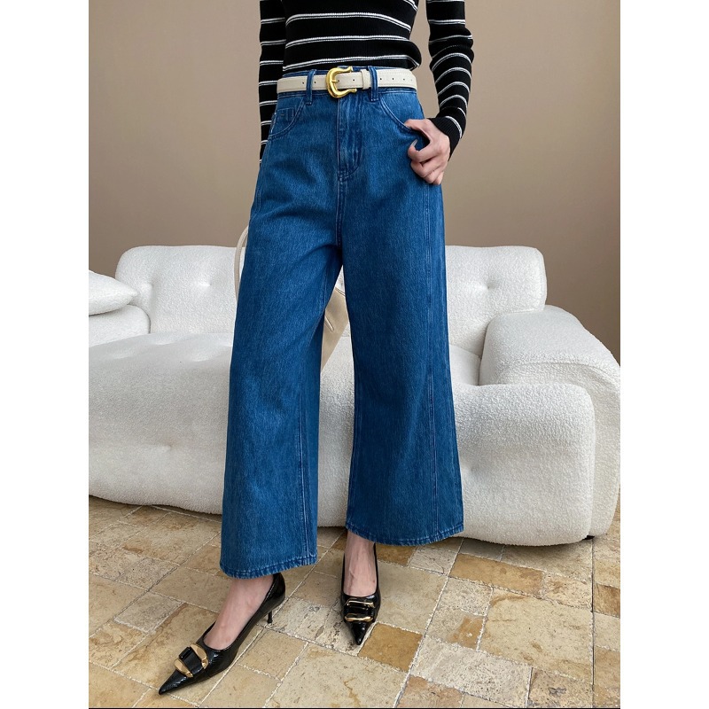 司南 立裁分割线 梨形身材深蓝色宽松显瘦阔腿直筒牛仔裤
