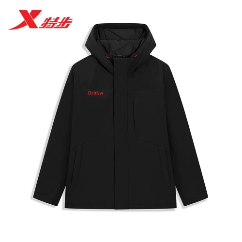 特步男厚棉服防风保暖连帽26冬季