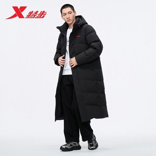 特步CHINA连帽中长款鸭绒服男