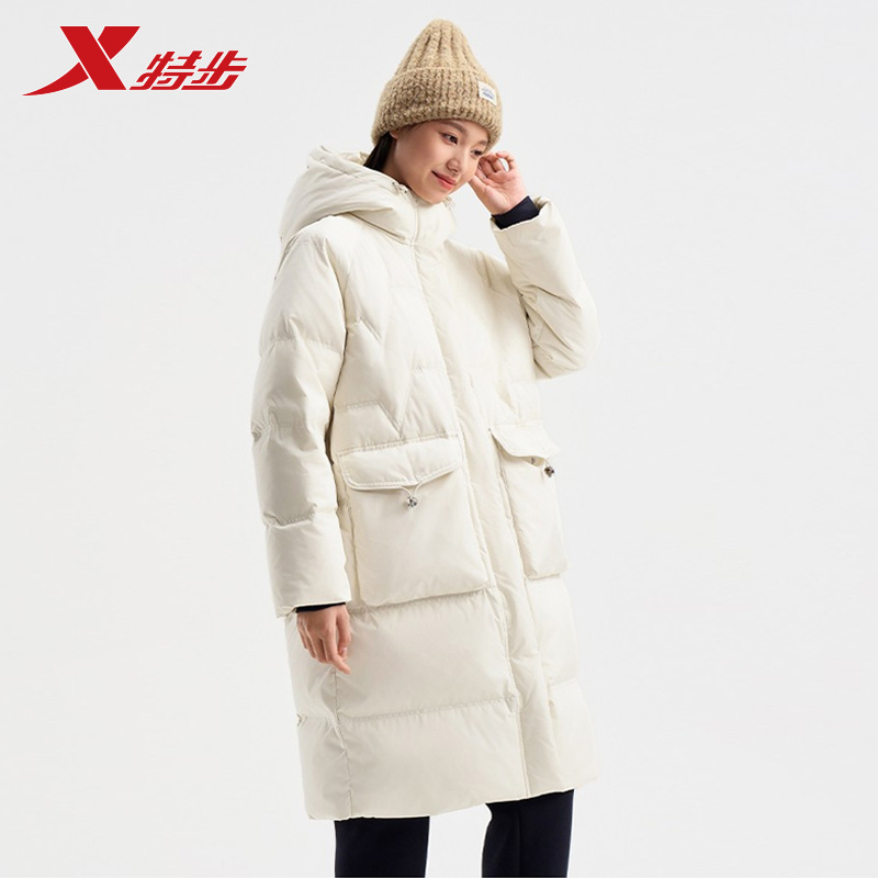 特步中长羽绒服女款秋冬季新款运动女装加绒保暖外套976428640191