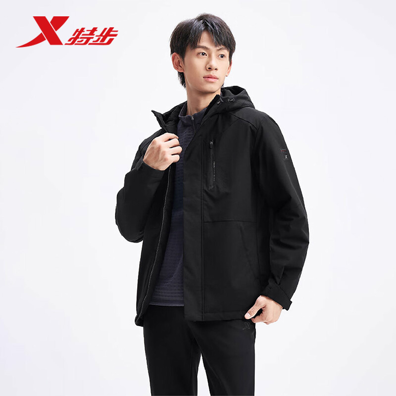 特步运动薄棉服男2025冬季新款防风保暖连帽棉衣外套975429170004
