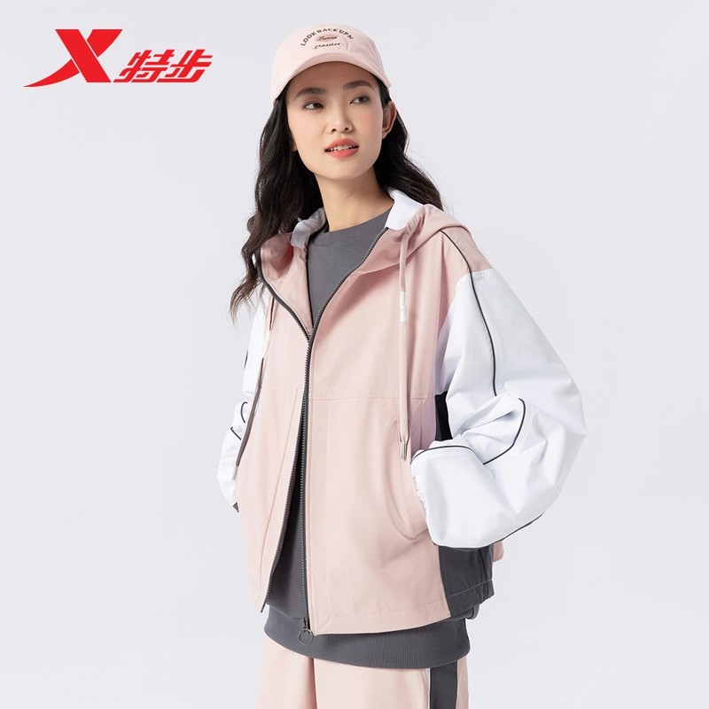 特步双层风衣女2025秋季新款梭织薄外套连帽休闲外套975128150392