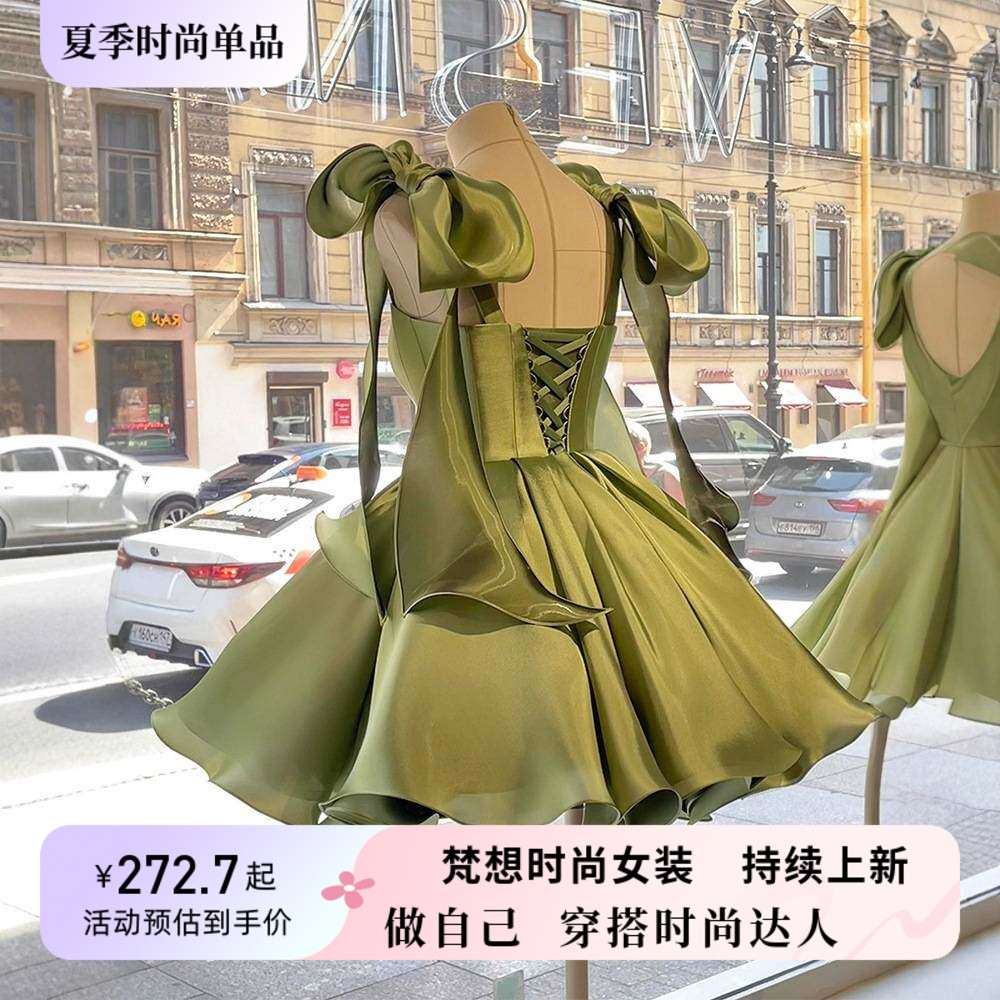 2025欧美法式气质绝美高级感绿色蝴蝶结掐腰公主连衣裙子女夏