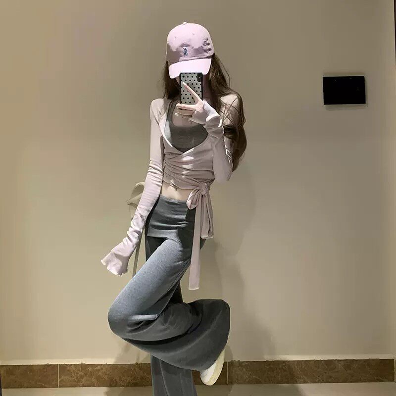 新款韩系休闲套装女秋季灰色阔腿裤两件套显瘦时尚穿搭长袖上衣