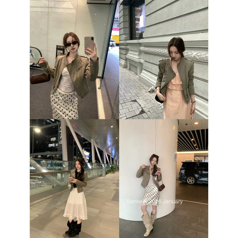 秋网红款板栗可可同款美式工装复古机车立领正肩拉链夹克外套女