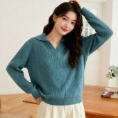 大朗毛衣工厂秋冬优雅淑女蓝色polo领长袖 毛衣 套头针织衫