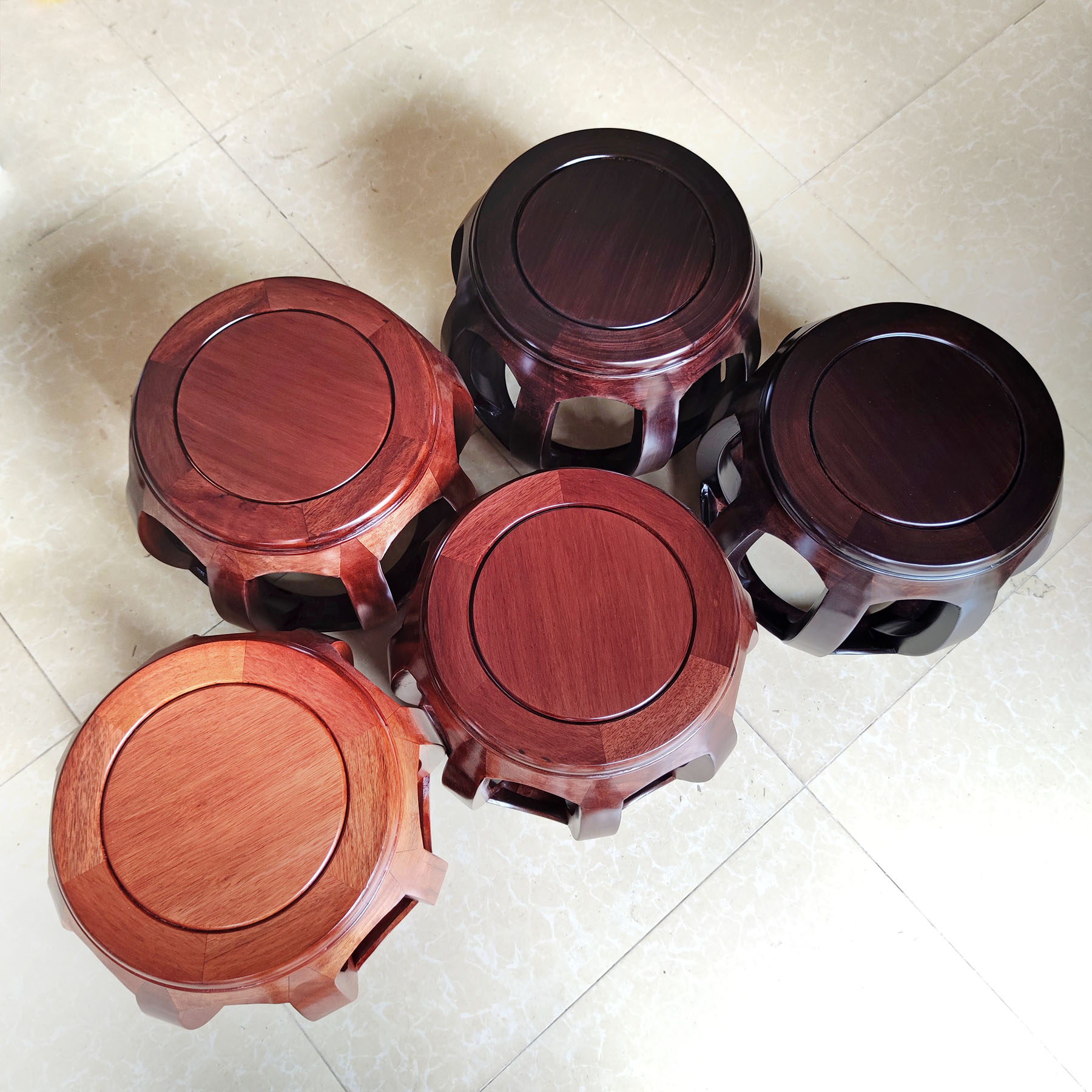 中式明式红木矮凳家用客厅圆凳唐木格木实木鼓凳鼓墩胡桃木色凳子