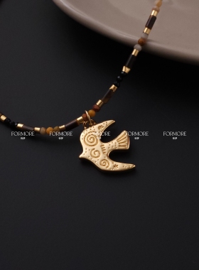 复古民族风国风手工串珠项链长款毛衣链高级感轻奢虎眼石琉璃玛瑙