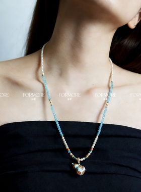 新中式国风葫芦珍珠项链珐琅滴油项链花卉碎花高级轻奢施家珍珠