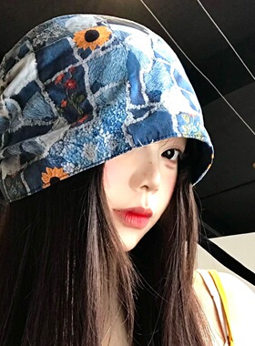 涂鸦印花绑带包头帽女春夏2026新款日系复古显脸小堆堆帽套头帽子