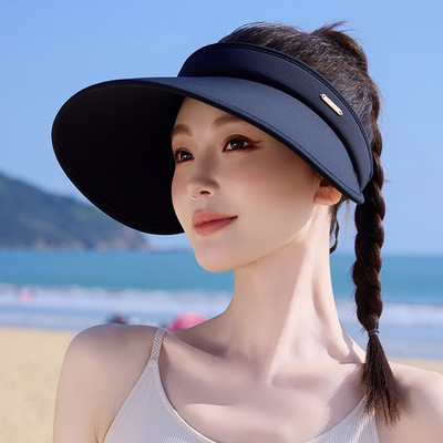 防晒帽女夏季新款防紫外线冰丝米色太阳帽子发箍大帽檐空顶遮阳帽
