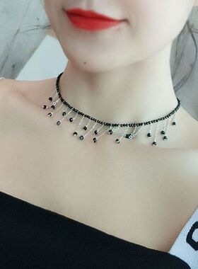 尖晶石黑色原创14k包金小众锁骨链复古嘻哈流苏颈链