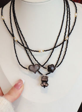 黑色尖晶石项链女百搭天然黑曜石吊坠高级感锁骨链项链女夏天