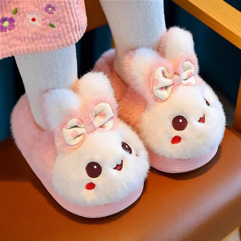 可爱兔子儿童棉拖鞋秋冬新款女宝宝厚底防滑室内男孩包跟保暖毛拖