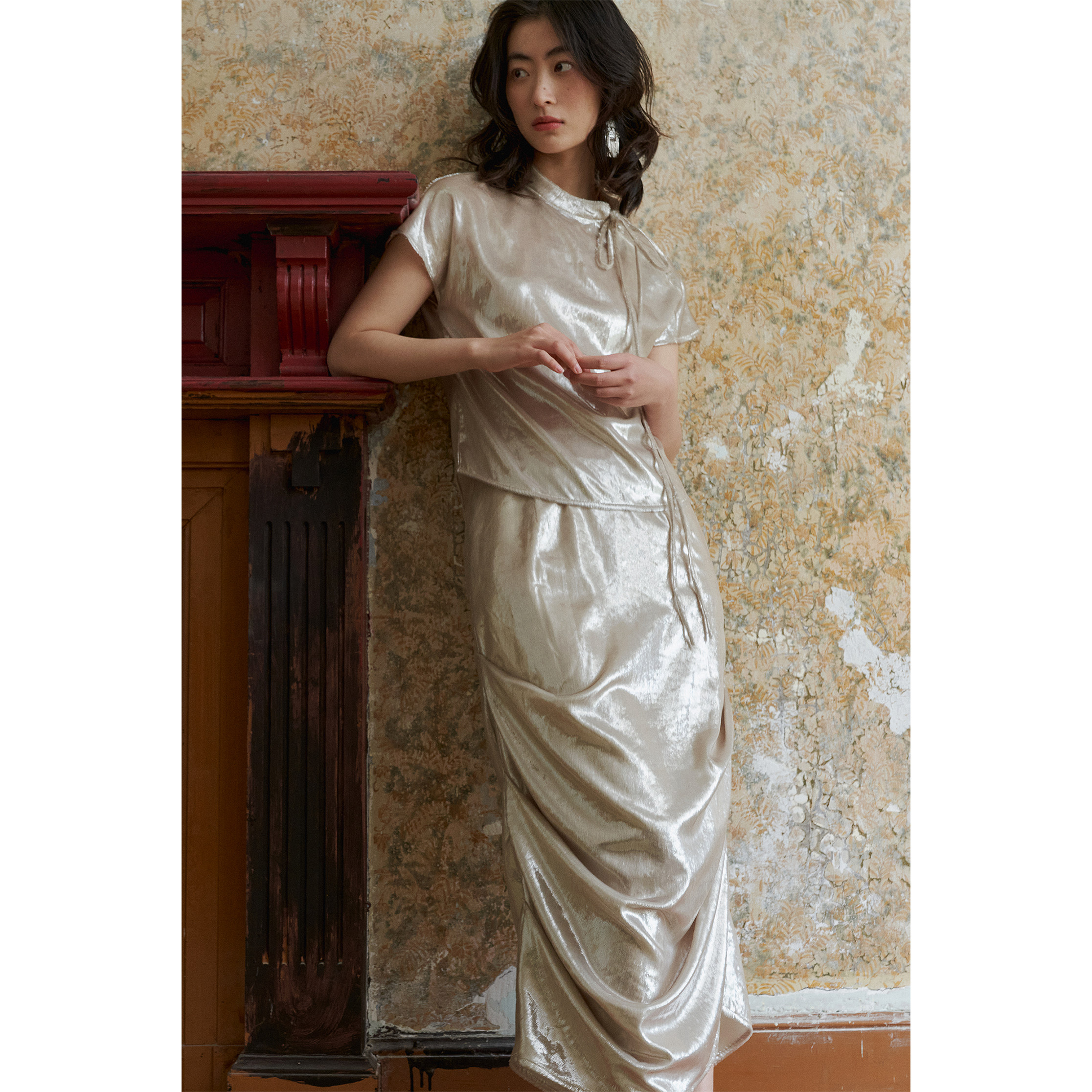 YUANYE园野 细闪香槟亮丝 原创新中式立领短袖堆褶半裙套装轻礼服