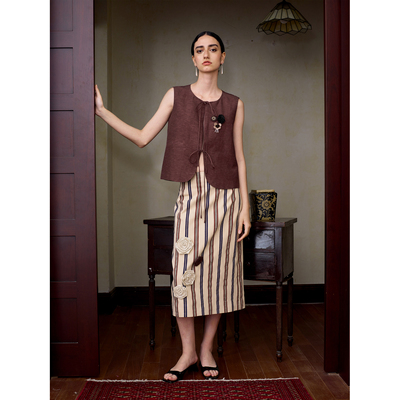 YUANYE园野 原创春夏定制色织条纹手工花朵装饰直筒裙半身裙