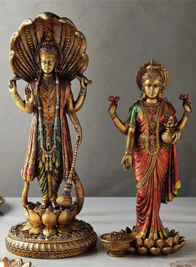 印度国际直邮vishnu毗湿奴勋爵和拉克希米女神站立神像树脂古铜面