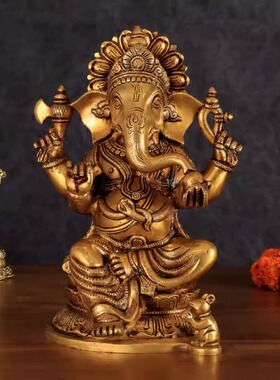 印度国际直邮手工黄铜 Ganesha象头神甘尼萨雕像 - 11 英寸