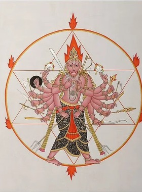 印度国际直邮手绘Vishnu毗湿奴的sudarshana苏达沙那神纸上水彩画