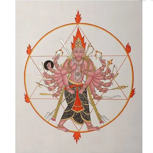 印度国际直邮手绘Vishnu毗湿奴的sudarshana苏达沙那神纸上水彩画