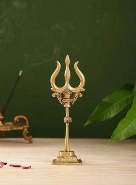 印度国际直邮手工制作的黄铜湿婆神 Trishul三叉戟与Damru手鼓