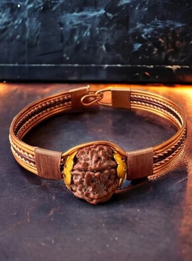 印度Shiva湿婆四面子手工铜Rudraksha金刚菩提手链手镯智慧和知识